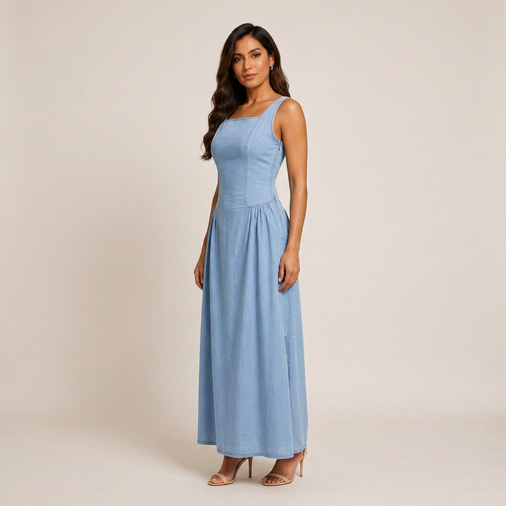 Light Wash Denim Maxi Dress for Casual Daily Wear-Vyana Collective