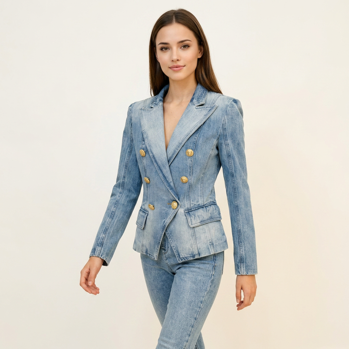 Light Wash Double Breasted Denim Blazer with Gold Buttons for Meetings Ready and Modern Office Style Women-Vyana Collective