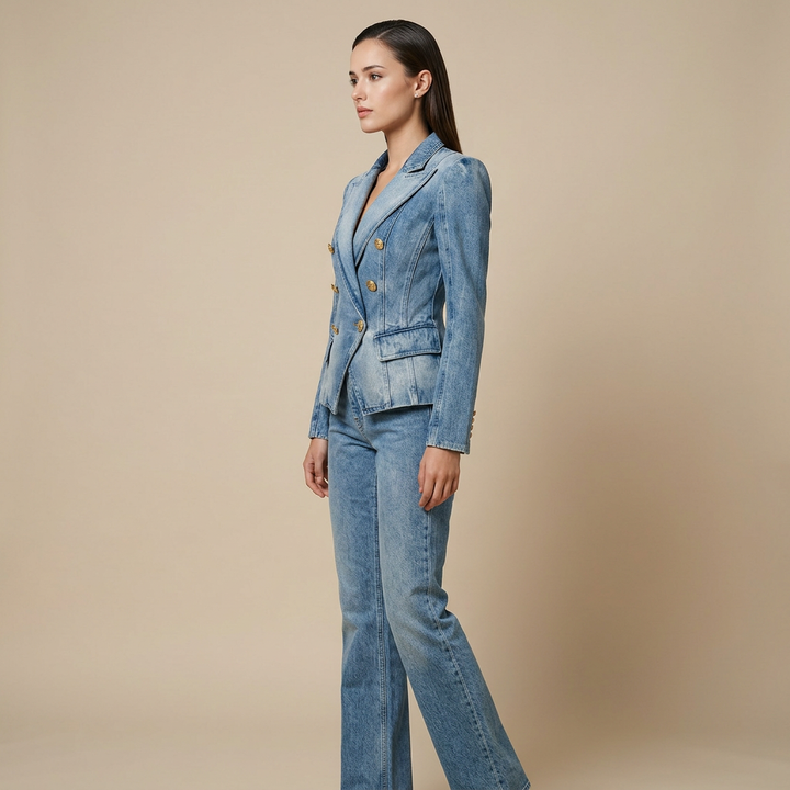 Light Wash Double Breasted Denim Blazer with Gold Buttons for Meetings Ready and Modern Office Style Women-Vyana Collective