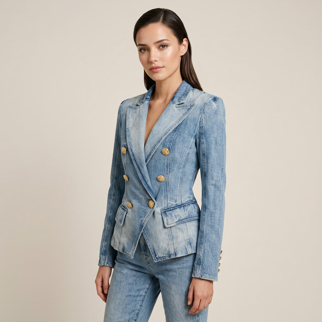 Light Wash Double Breasted Denim Blazer with Gold Buttons for Meetings Ready and Modern Office Style Women-Vyana Collective