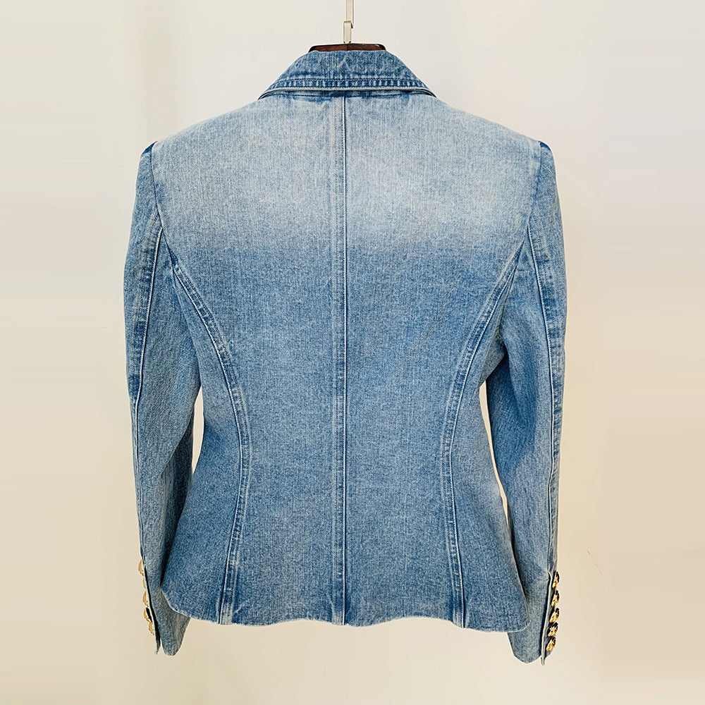 Light Wash Double Breasted Denim Blazer with Gold Buttons for Meetings Ready and Modern Office Style Women-Vyana Collective