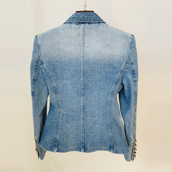 Light Wash Double Breasted Denim Blazer with Gold Buttons for Meetings Ready and Modern Office Style Women-Vyana Collective