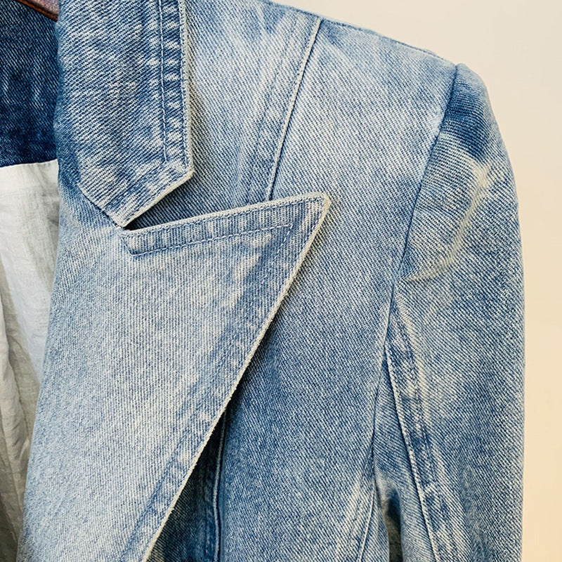 Light Wash Double Breasted Denim Blazer with Gold Buttons for Meetings Ready and Modern Office Style Women-Vyana Collective