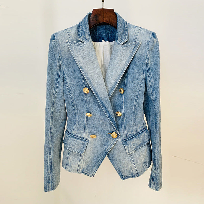 Light Wash Double Breasted Denim Blazer with Gold Buttons for Meetings Ready and Modern Office Style Women-Vyana Collective