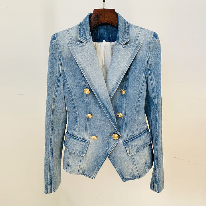 Light Wash Double Breasted Denim Blazer with Gold Buttons for Meetings Ready and Modern Office Style Women-Vyana Collective