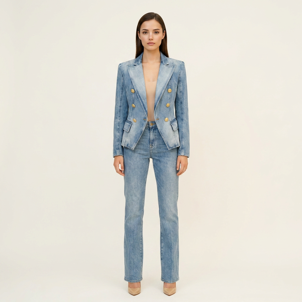 Light Wash Double Breasted Denim Blazer with Gold Buttons for Meetings Ready and Modern Office Style Women-Vyana Collective