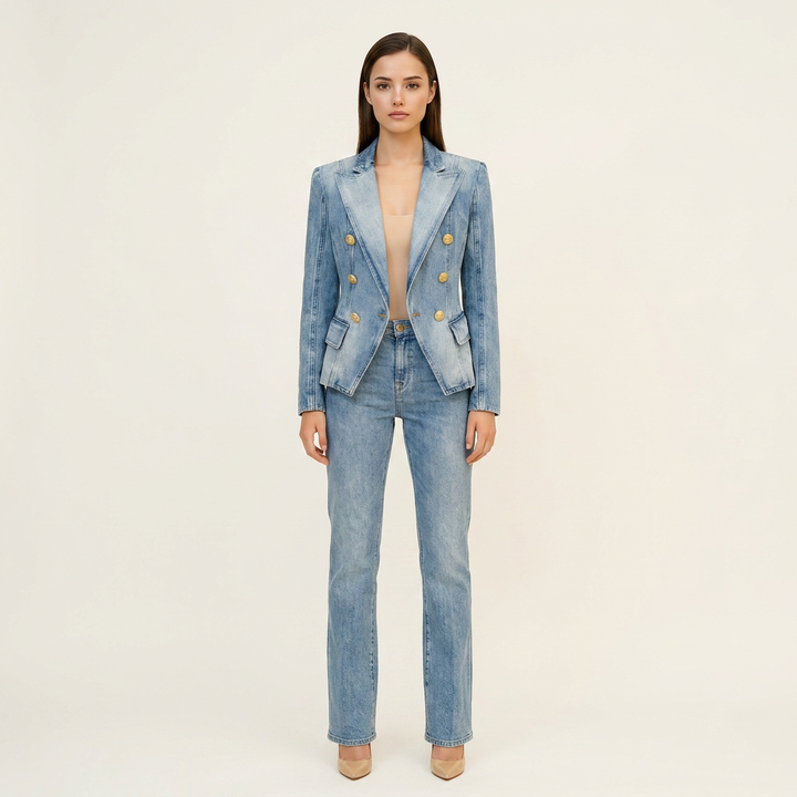 Light Wash Double Breasted Denim Blazer with Gold Buttons for Meetings Ready and Modern Office Style Women-Vyana Collective