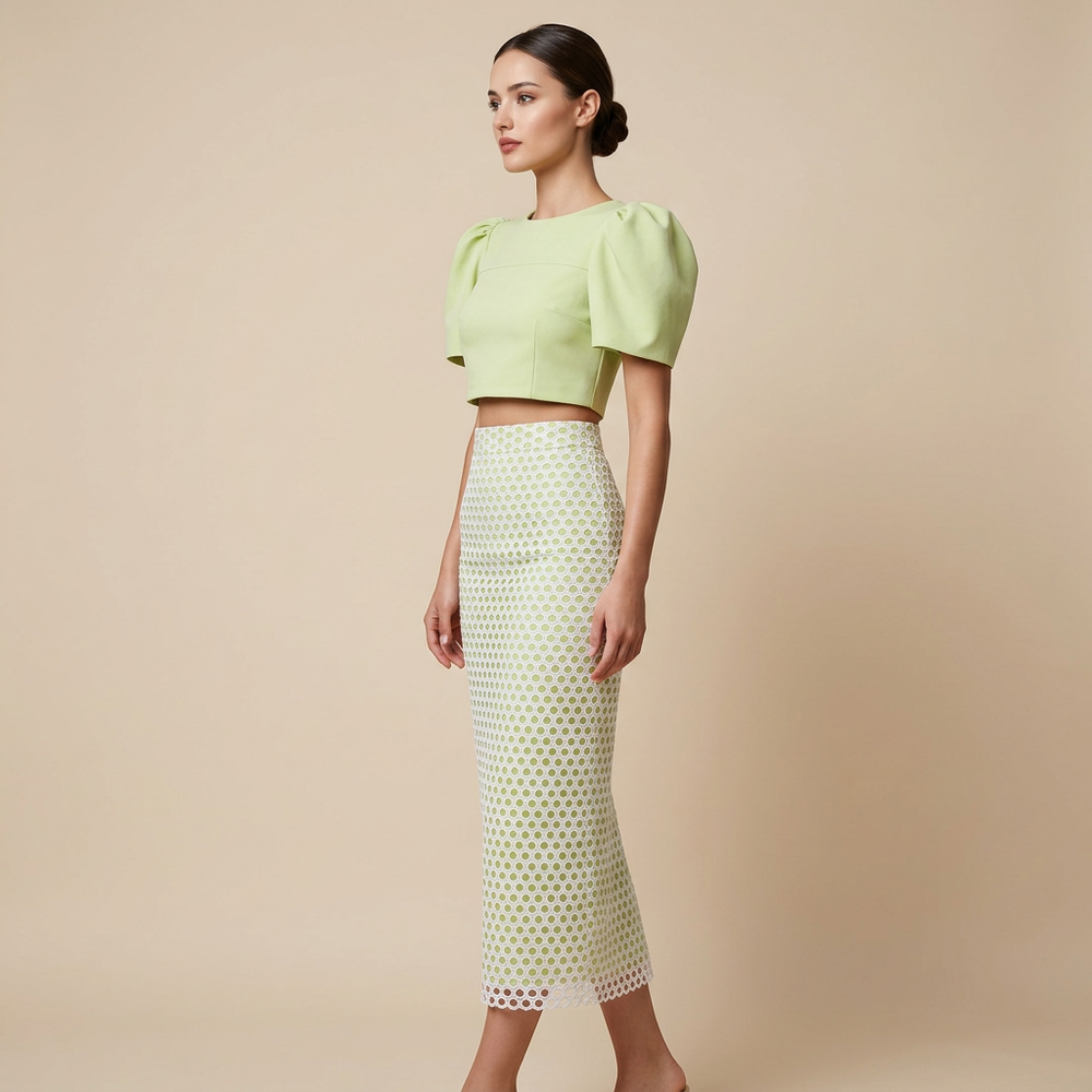 Lime Puff Sleeve Top & Lace Maxi Skirt Set-Vyana Collective