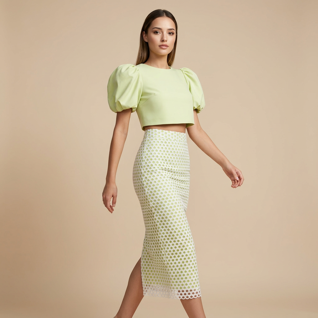 Lime Puff Sleeve Top & Lace Maxi Skirt Set-Vyana Collective