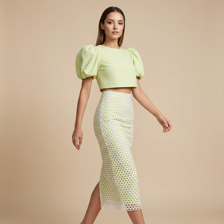 Lime Puff Sleeve Top & Lace Maxi Skirt Set-Vyana Collective
