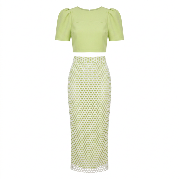 Lime Puff Sleeve Top & Lace Maxi Skirt Set-Vyana Collective