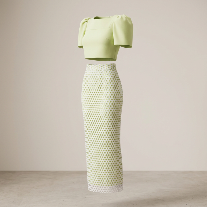 Lime Puff Sleeve Top & Lace Maxi Skirt Set-Vyana Collective