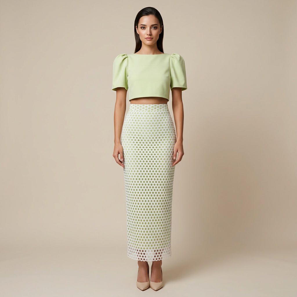 Lime Puff Sleeve Top & Lace Maxi Skirt Set-Vyana Collective