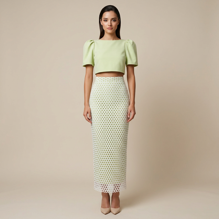 Lime Puff Sleeve Top & Lace Maxi Skirt Set-Vyana Collective