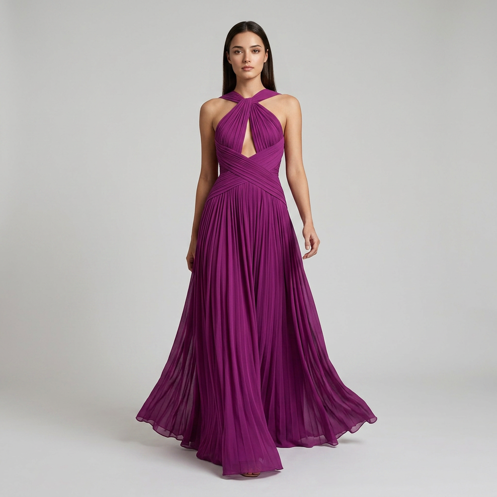 Magenta Twist Halter Keyhole Ruched Chiffon Maxi Dress-Vyana Collective