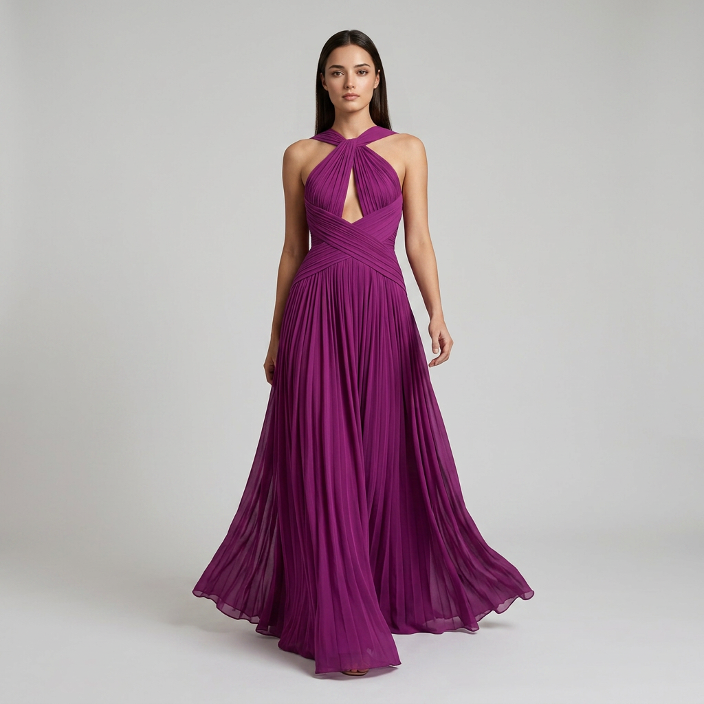 Magenta Twist Halter Keyhole Ruched Chiffon Maxi Dress-Vyana Collective