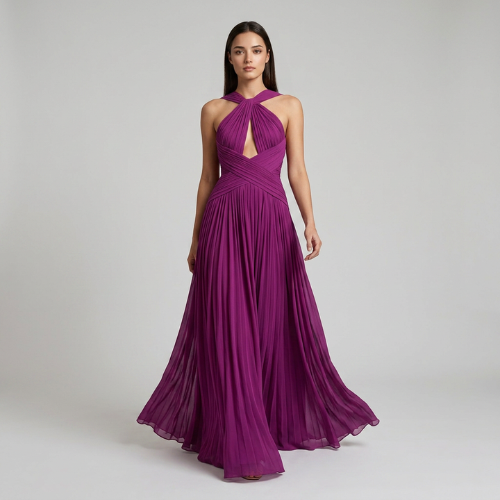 Magenta Twist Halter Keyhole Ruched Chiffon Maxi Dress-Vyana Collective