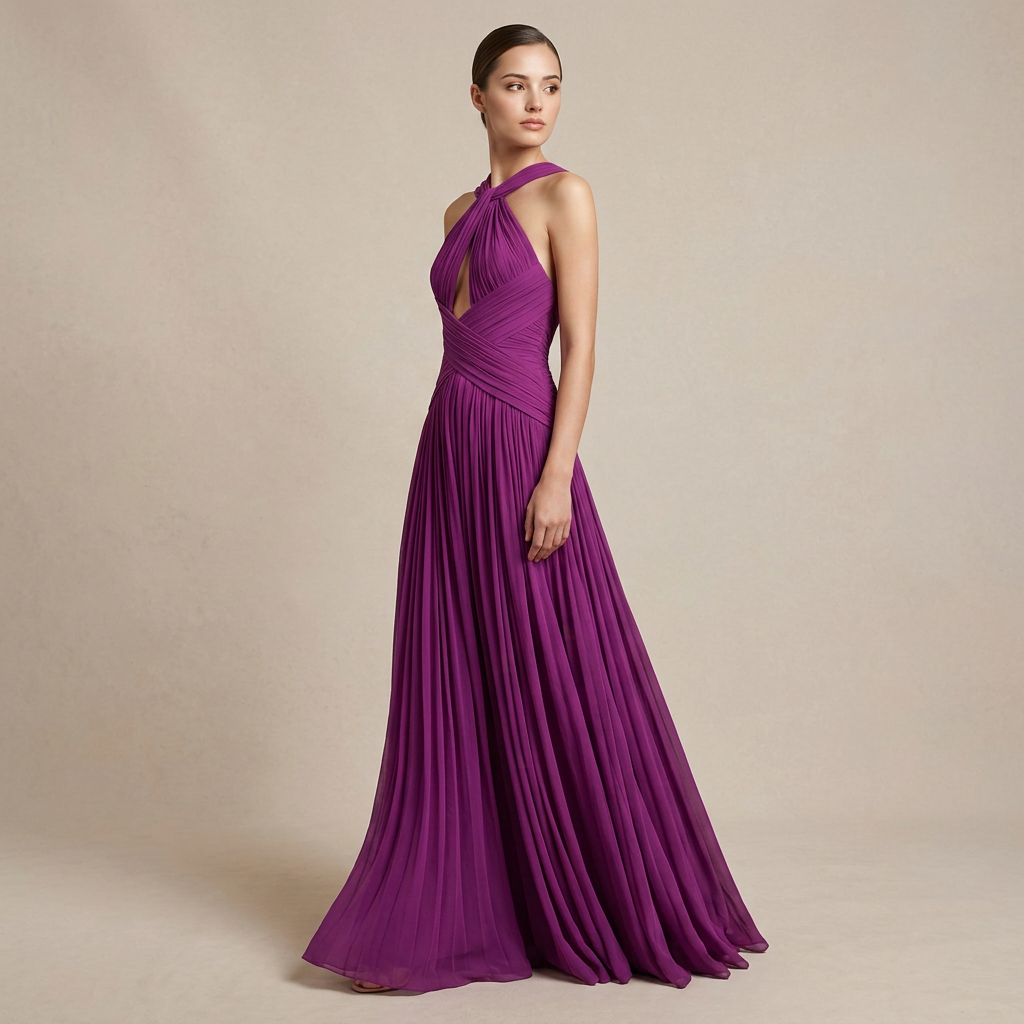 Magenta Twist Halter Keyhole Ruched Chiffon Maxi Dress-Vyana Collective