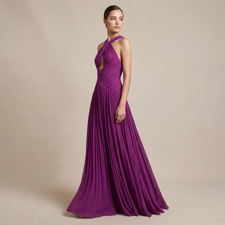 Magenta Twist Halter Keyhole Ruched Chiffon Maxi Dress-Vyana Collective