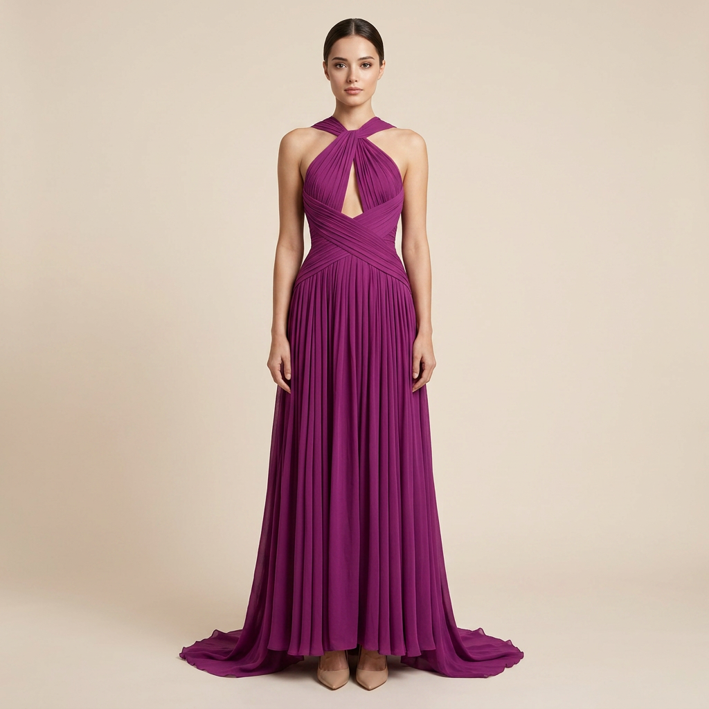 Magenta Twist Halter Keyhole Ruched Chiffon Maxi Dress-Vyana Collective