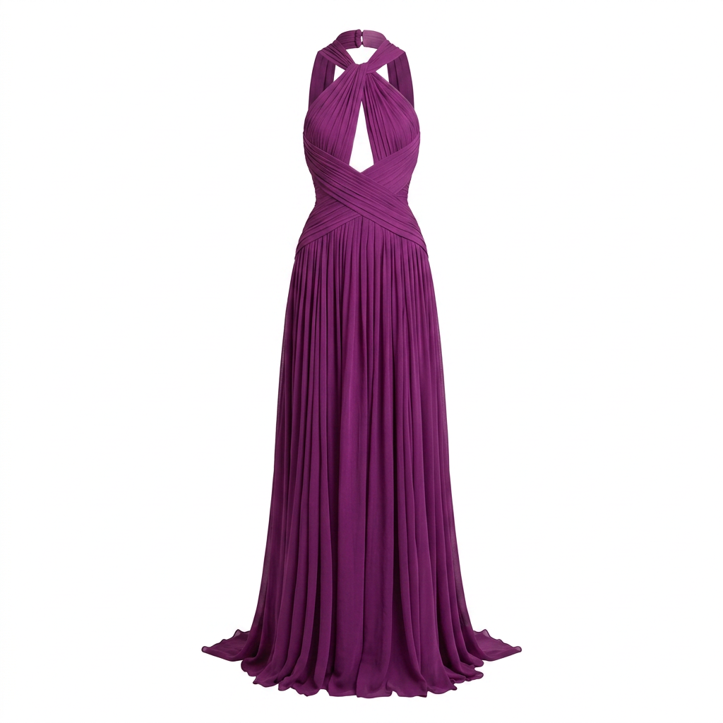 Magenta Twist Halter Keyhole Ruched Chiffon Maxi Dress-Vyana Collective
