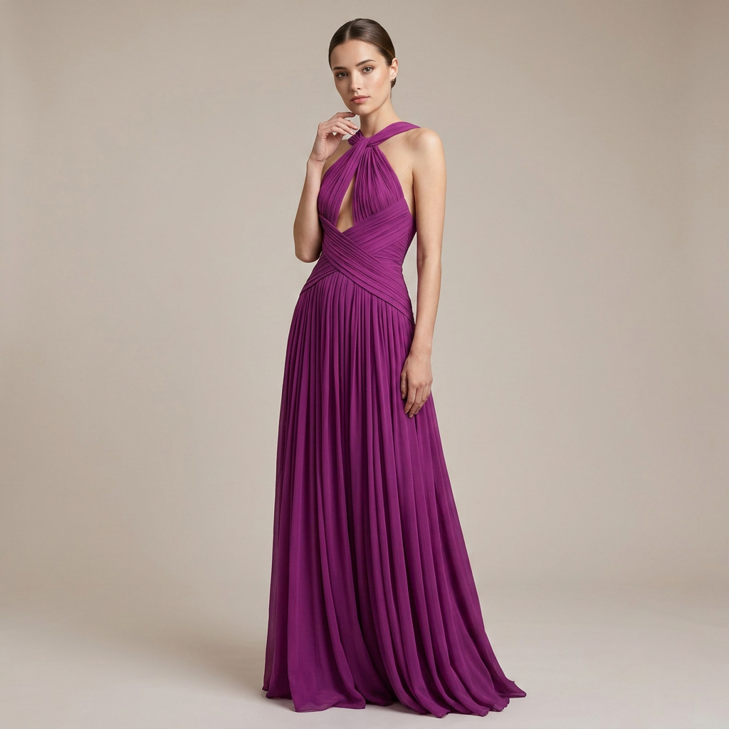 Magenta Twist Halter Keyhole Ruched Chiffon Maxi Dress-Vyana Collective