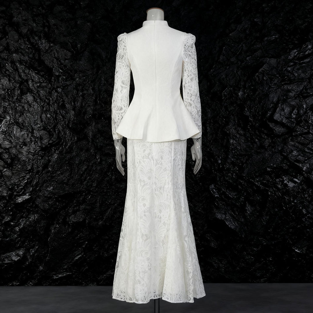 Mandarin Collar Peplum Blazer &amp; Lace Mermaid Maxi Skirt Suit Set-Vyana Collective