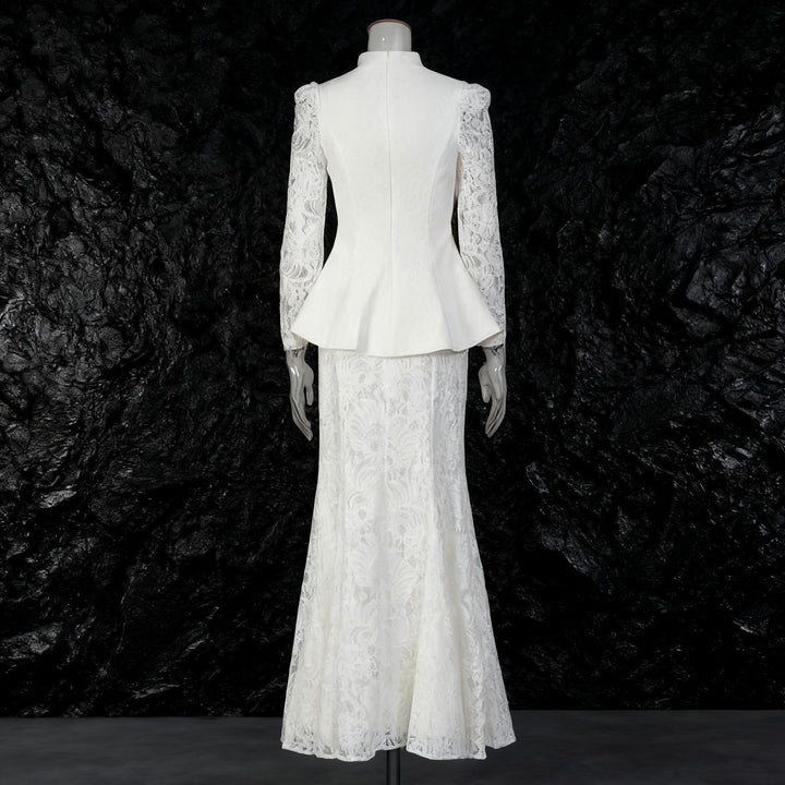 Mandarin Collar Peplum Blazer &amp; Lace Mermaid Maxi Skirt Suit Set-Vyana Collective