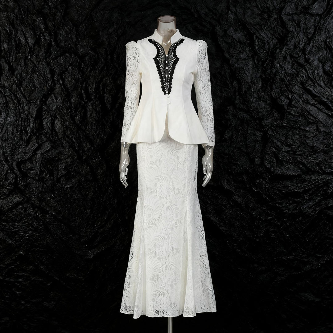 Mandarin Collar Peplum Blazer &amp; Lace Mermaid Maxi Skirt Suit Set-Vyana Collective