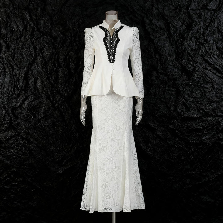 Mandarin Collar Peplum Blazer &amp; Lace Mermaid Maxi Skirt Suit Set-Vyana Collective