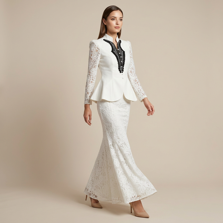 Mandarin Collar Peplum Blazer &amp; Lace Mermaid Maxi Skirt Suit Set-Vyana Collective