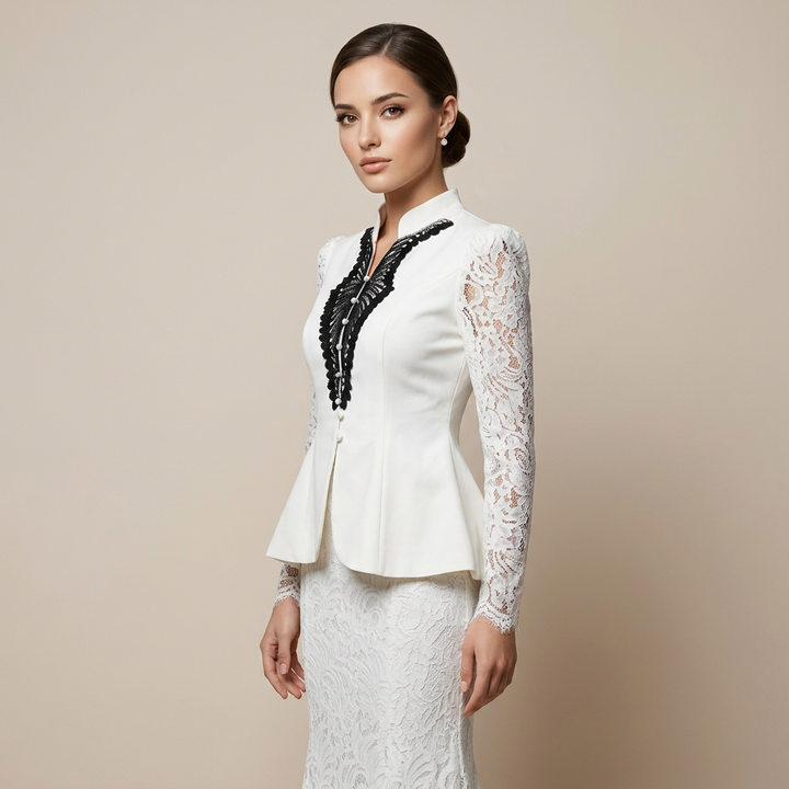 Mandarin Collar Peplum Blazer &amp; Lace Mermaid Maxi Skirt Suit Set-Vyana Collective