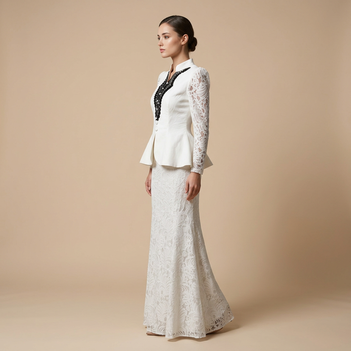 Mandarin Collar Peplum Blazer &amp; Lace Mermaid Maxi Skirt Suit Set-Vyana Collective