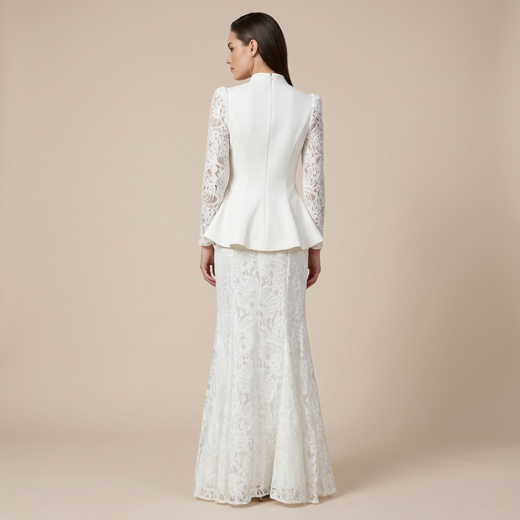 Mandarin Collar Peplum Blazer &amp; Lace Mermaid Maxi Skirt Suit Set-Vyana Collective