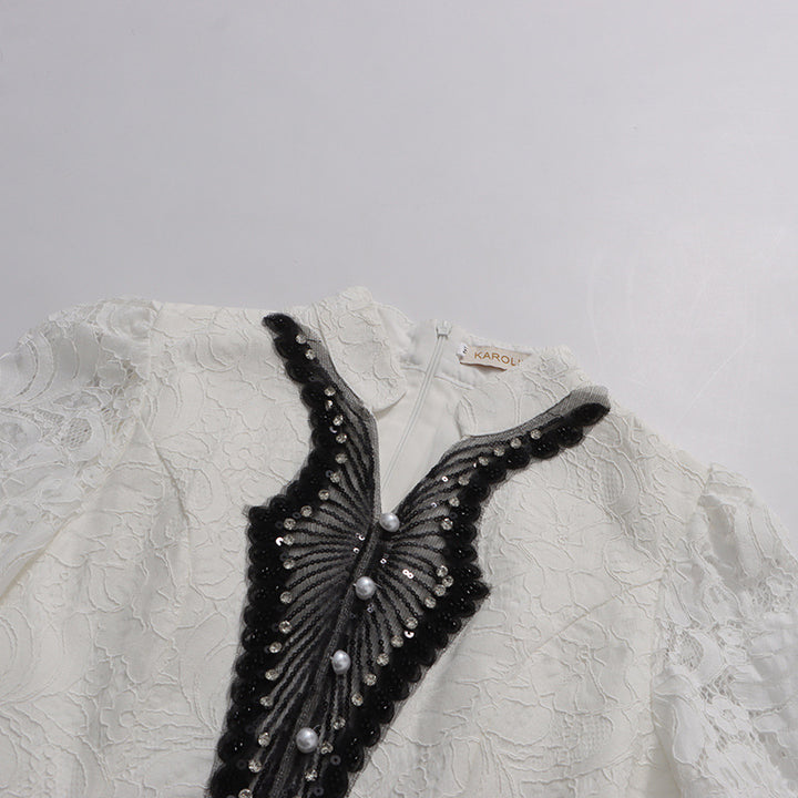 Mandarin Collar Peplum Blazer &amp; Lace Mermaid Maxi Skirt Suit Set-Vyana Collective