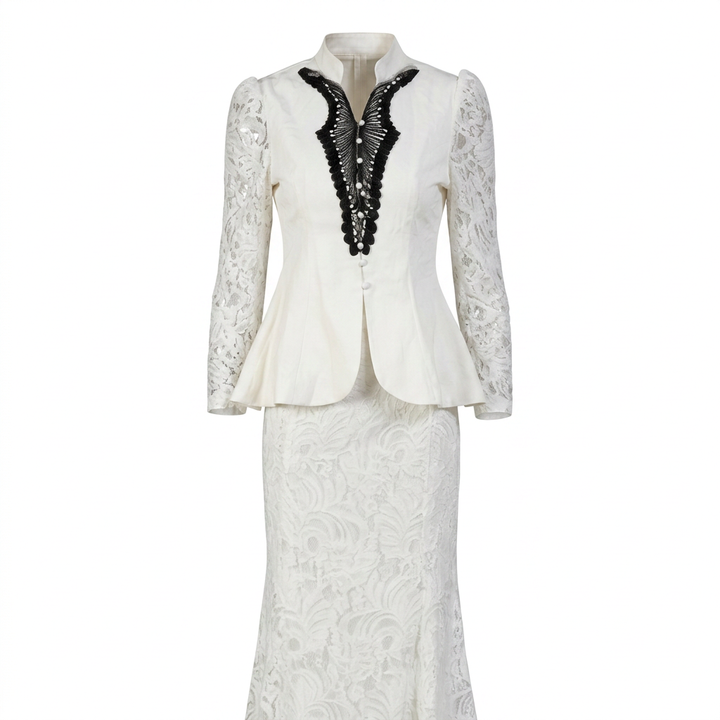 Mandarin Collar Peplum Blazer &amp; Lace Mermaid Maxi Skirt Suit Set-Vyana Collective