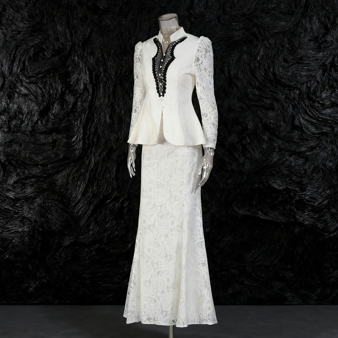 Mandarin Collar Peplum Blazer &amp; Lace Mermaid Maxi Skirt Suit Set-Vyana Collective
