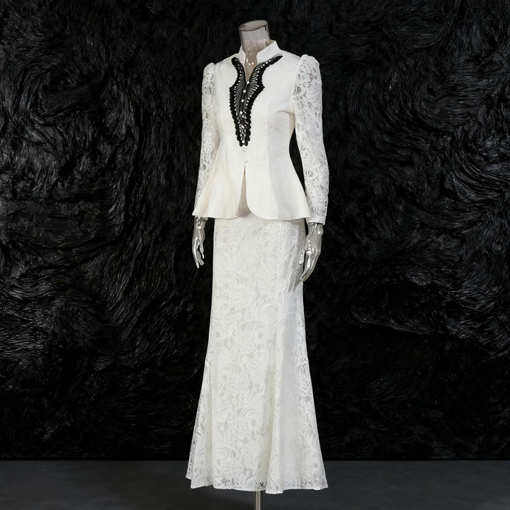 Mandarin Collar Peplum Blazer &amp; Lace Mermaid Maxi Skirt Suit Set-Vyana Collective