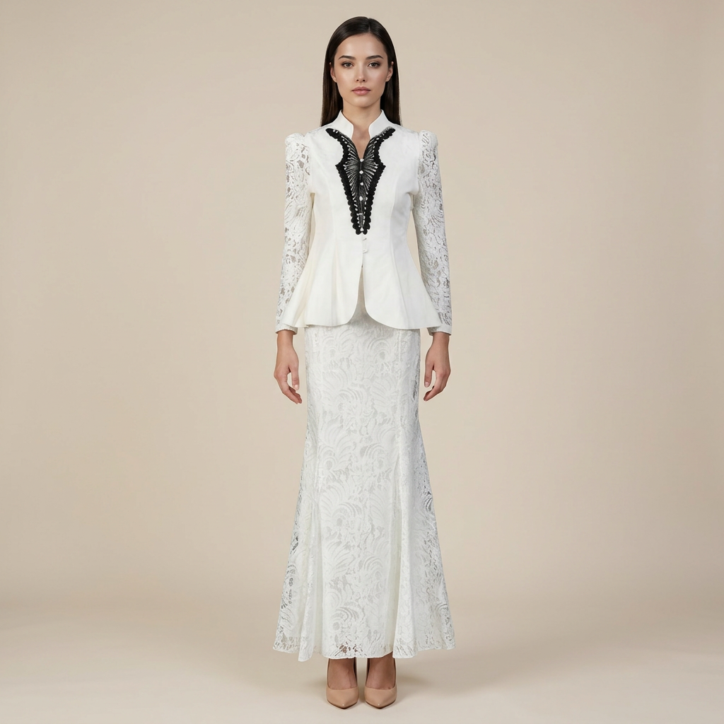 Mandarin Collar Peplum Blazer & Lace Mermaid Maxi Skirt Suit Set-Vyana Collective