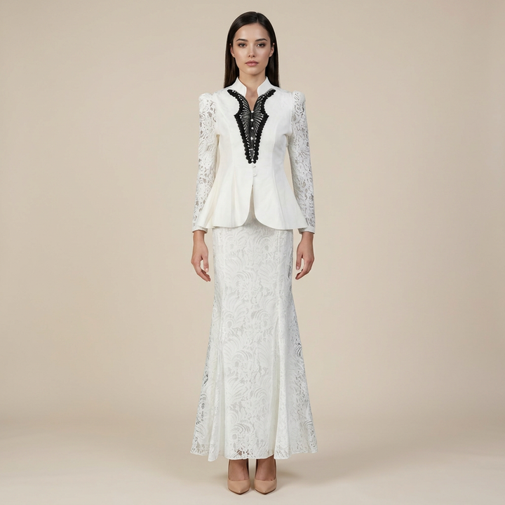 Mandarin Collar Peplum Blazer &amp; Lace Mermaid Maxi Skirt Suit Set-Vyana Collective