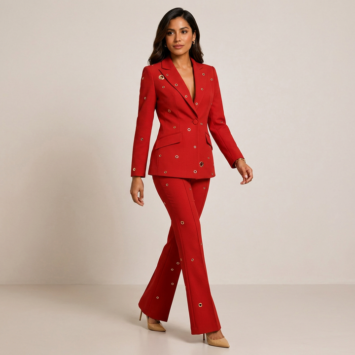 Metal Eyelet One Button Blazer and Flared Pants Suit Set for Statement Office Style Women-Vyana Collective