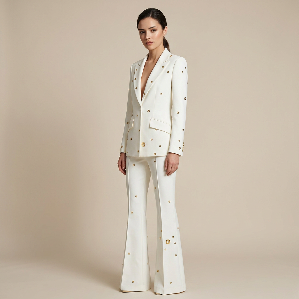 Metal Eyelet One Button Blazer and Flared Pants Suit Set for Statement Office Style Women-Vyana Collective