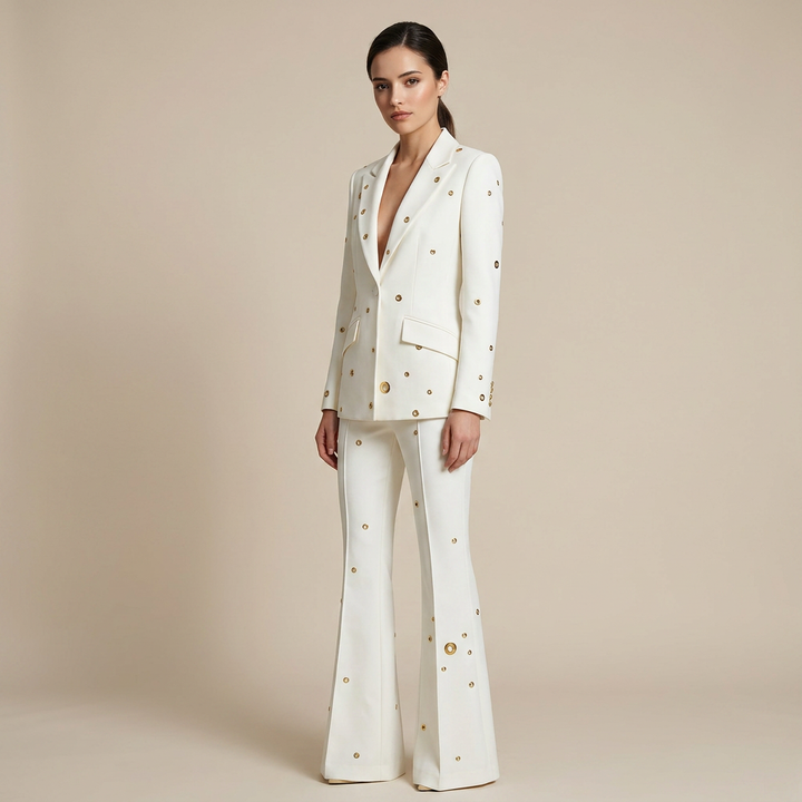 Metal Eyelet One Button Blazer and Flared Pants Suit Set for Statement Office Style Women-Vyana Collective