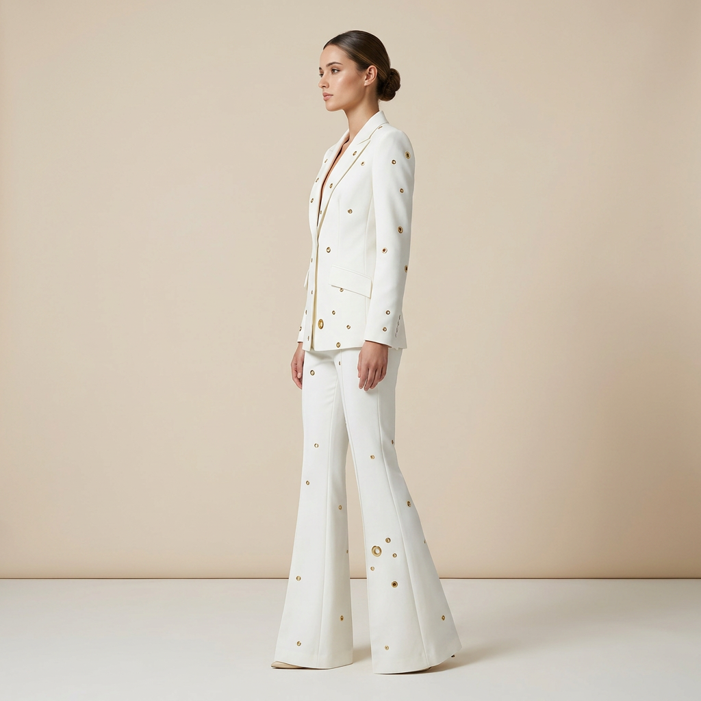 Metal Eyelet One Button Blazer and Flared Pants Suit Set for Statement Office Style Women-Vyana Collective