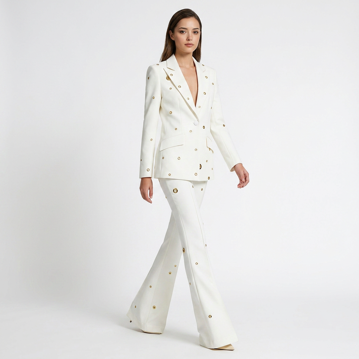 Metal Eyelet One Button Blazer and Flared Pants Suit Set for Statement Office Style Women-Vyana Collective