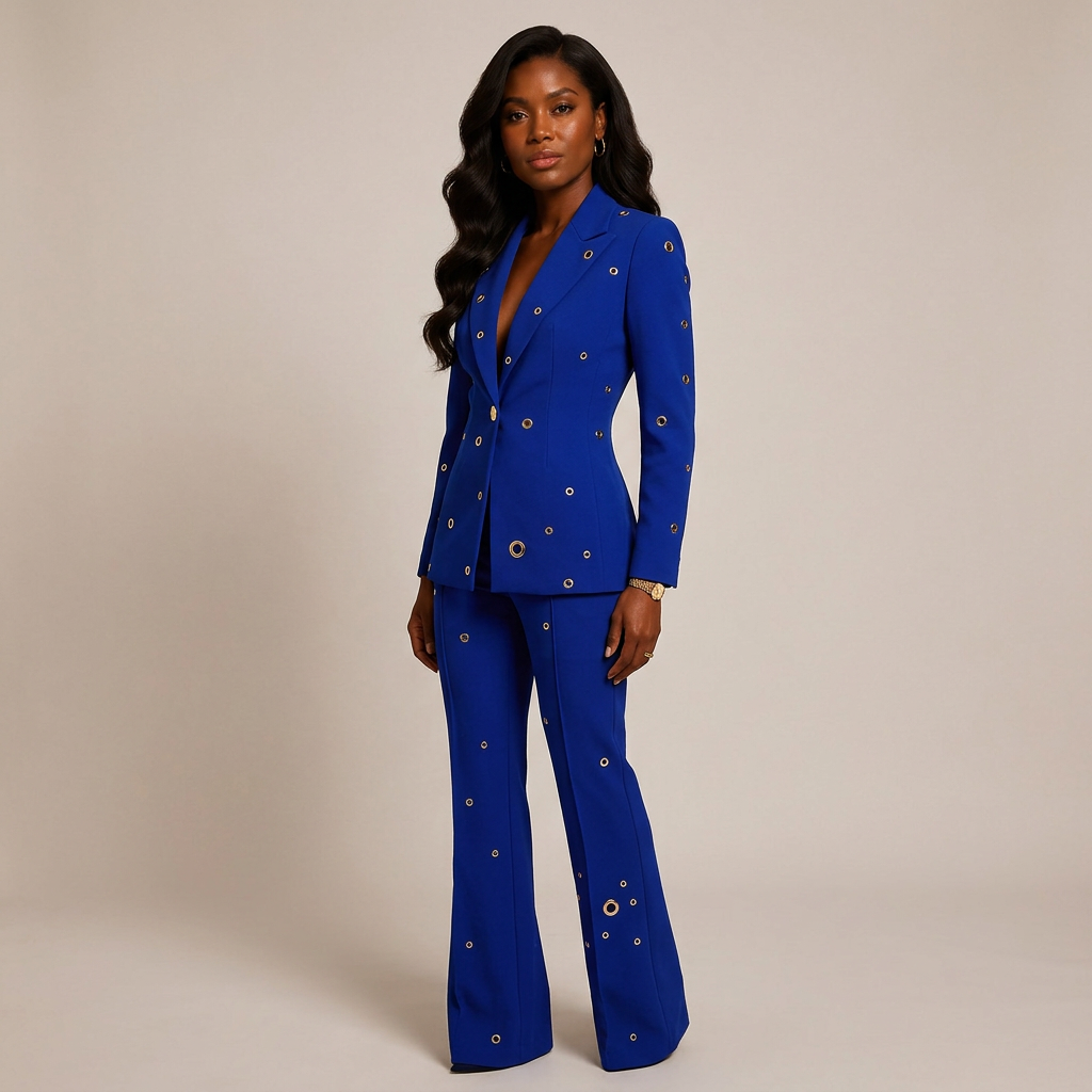 Metal Eyelet One Button Blazer and Flared Pants Suit Set for Statement Office Style Women-Vyana Collective