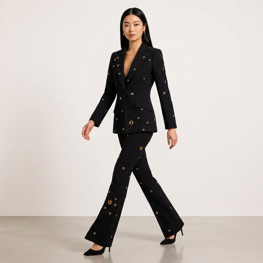 Metal Eyelet One Button Blazer and Flared Pants Suit Set for Statement Office Style Women-Vyana Collective