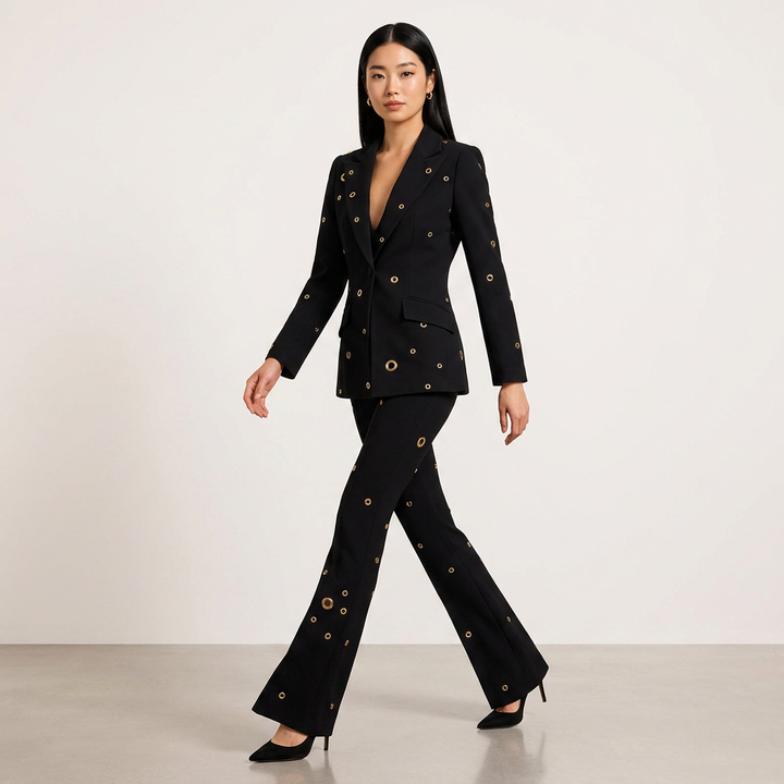 Metal Eyelet One Button Blazer and Flared Pants Suit Set for Statement Office Style Women-Vyana Collective