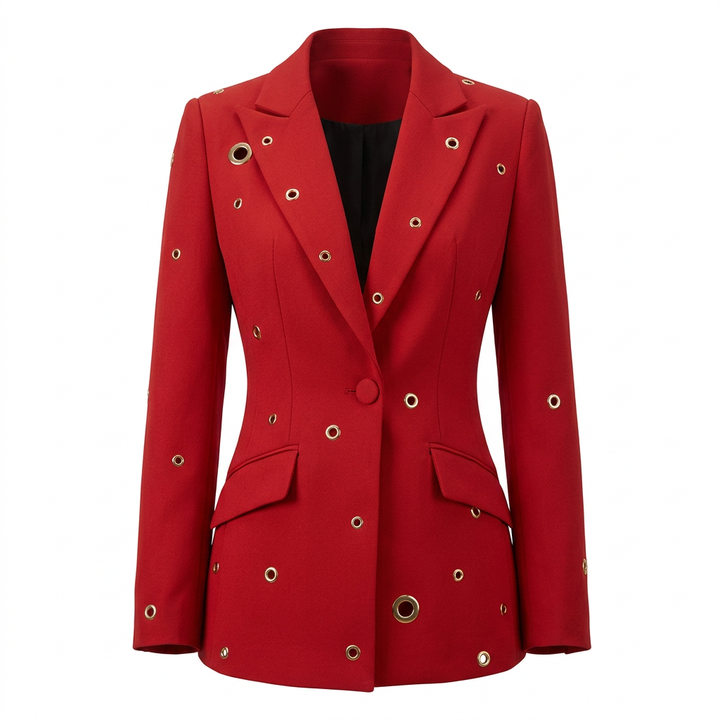 Metal Eyelet One Button Blazer and Flared Pants Suit Set for Statement Office Style Women-Vyana Collective