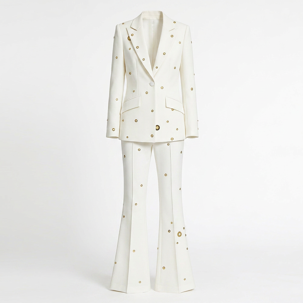 Metal Eyelet One Button Blazer and Flared Pants Suit Set for Statement Office Style Women-Vyana Collective